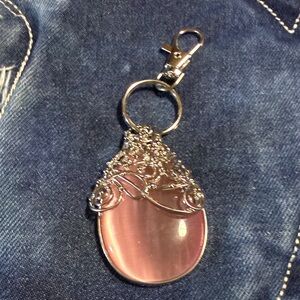 Elegant Pink Teardrop Keychain Pendant with Filigree Accent